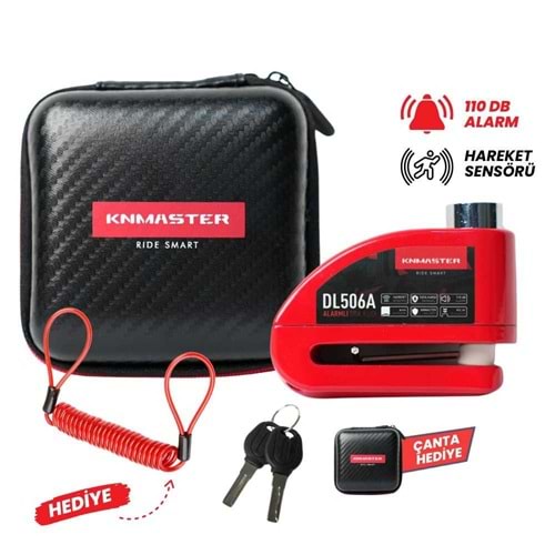 KNMASTER DL506A 6mm Alarmlı Disk Kilidi | Hatırlatma Kablosu ve Taşıma Çantası Hediye | Kırmızı